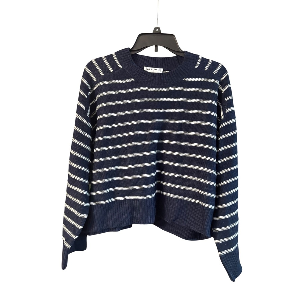 For The Republic Navy Blue White Striped Knit Sweater Crew Neck Large